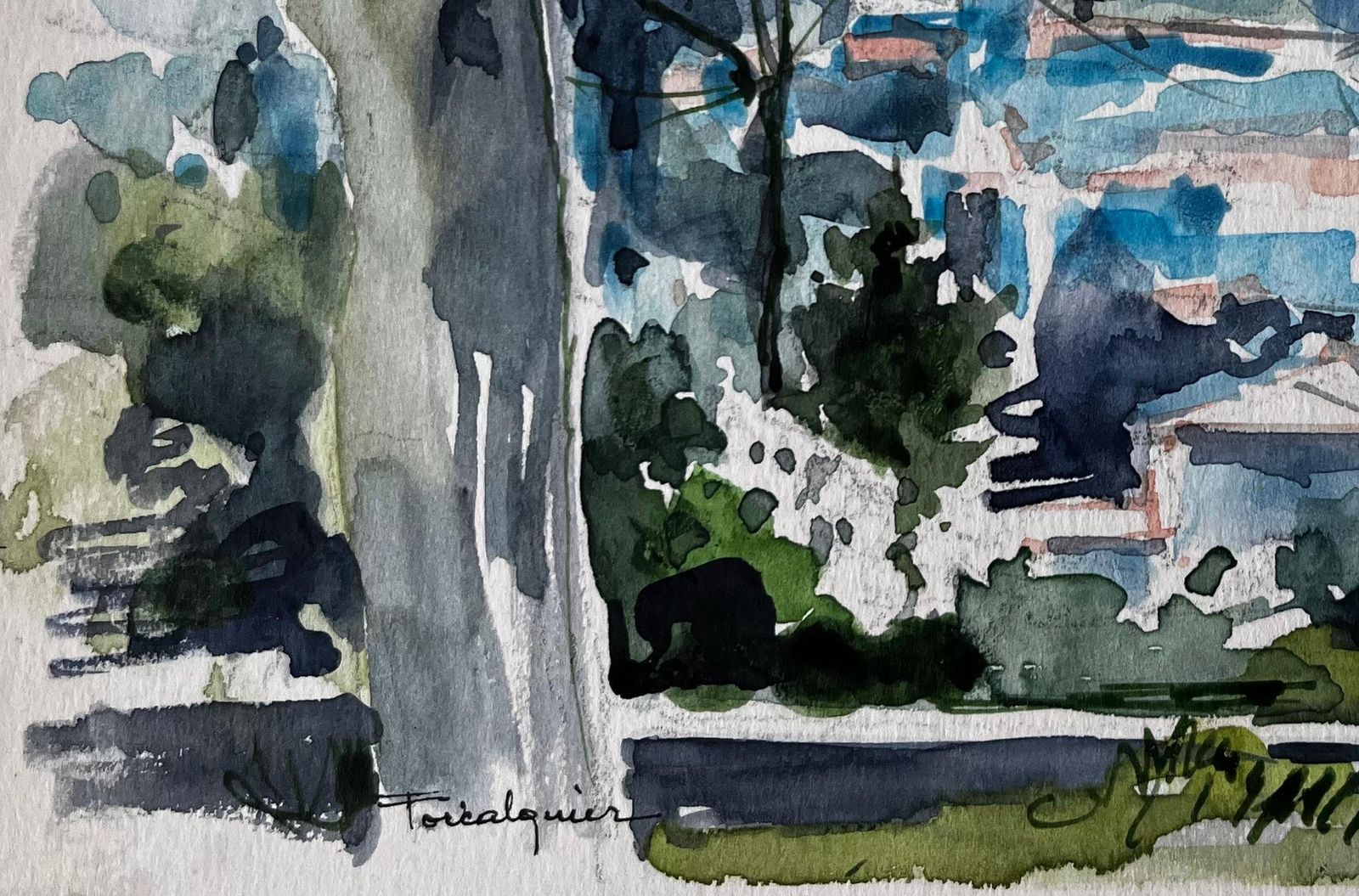 Pierre Neveuforcalquier Landscape With Trees And Distant Hilltop Village French Watercolour photo vinterior