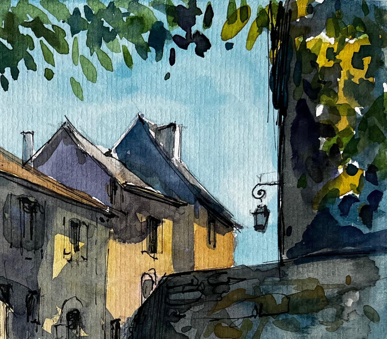 Pierre Neveusunlit Village Street French Countryside Watercolour By Pierre Neveu photo for sale