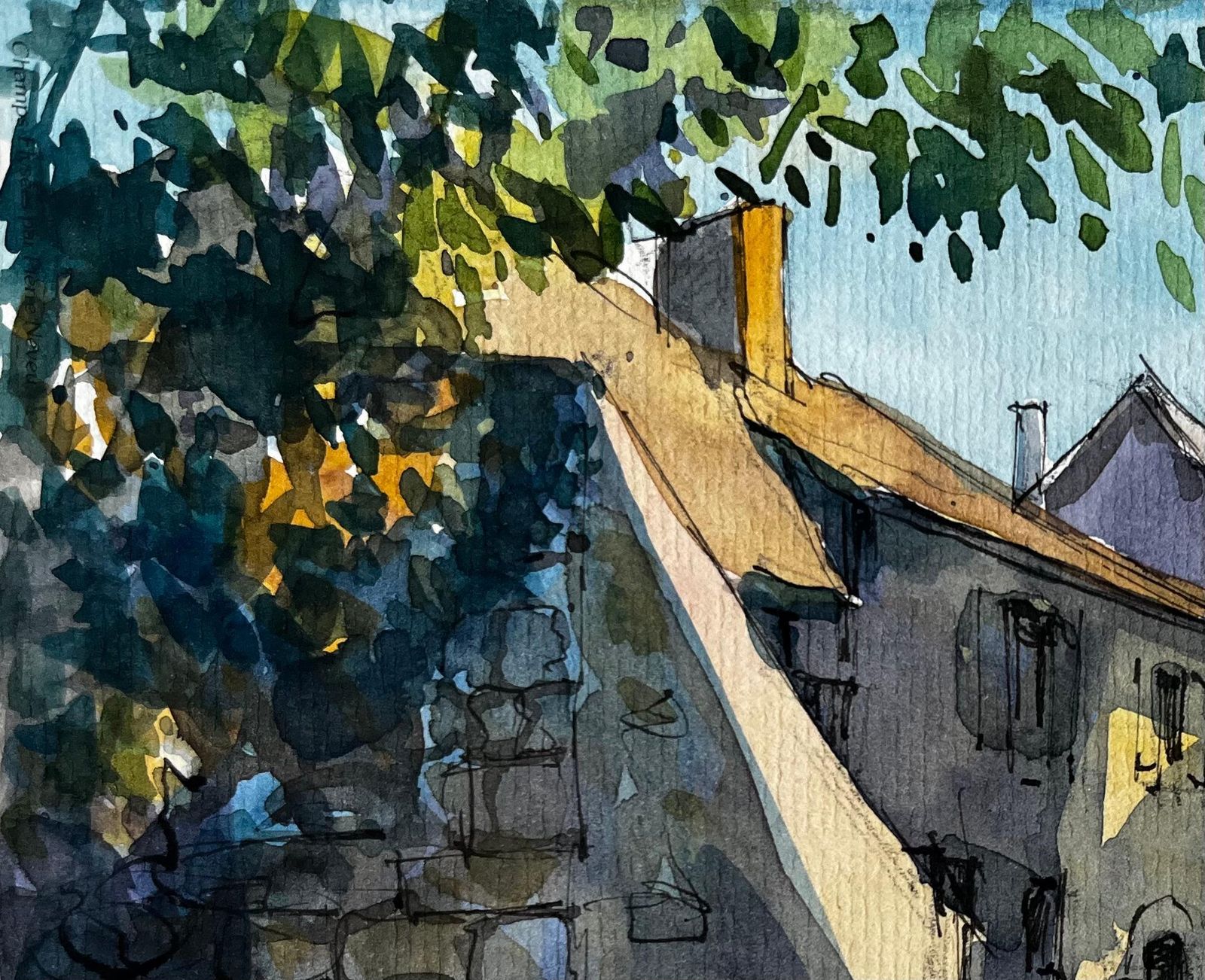 Pierre Neveusunlit Village Street French Countryside Watercolour By Pierre Neveu photo 606.0