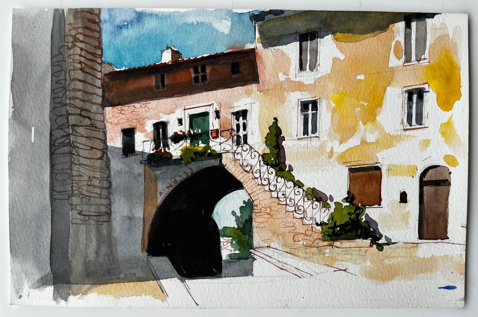 Pierre Neveusunlit Courtyard With Stone Arch And Balcony Italian Village Watercolour photo furniture