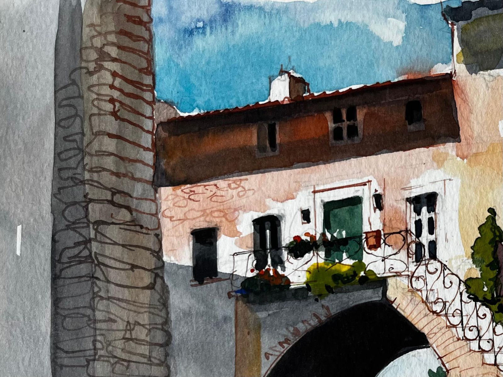 Pierre Neveusunlit Courtyard With Stone Arch And Balcony Italian Village Watercolour photo 586.0