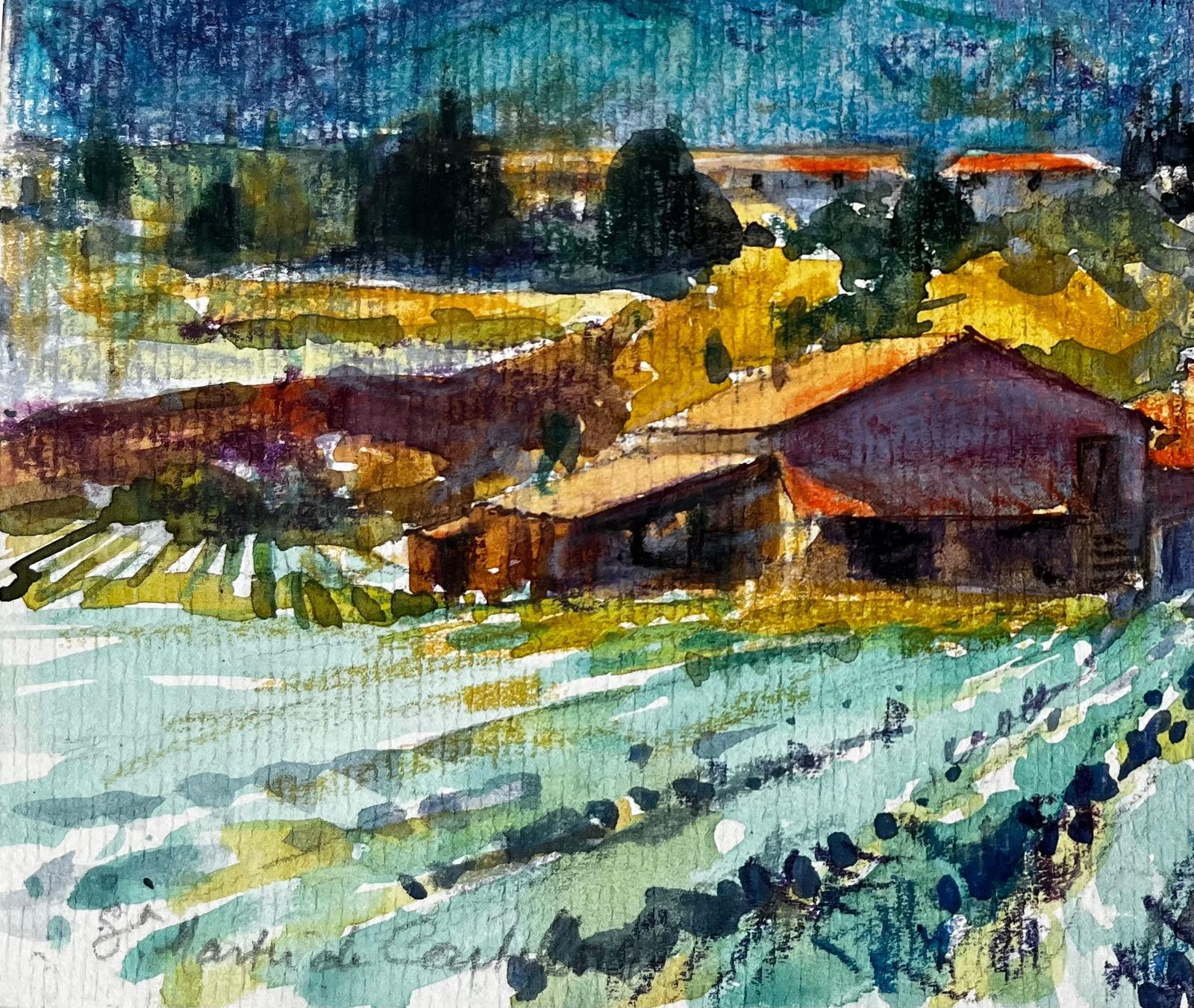 Pierre Neveusaint Martin De Castillon Provence Farmhouse And Lavender Fields Watercolour photo vinterior