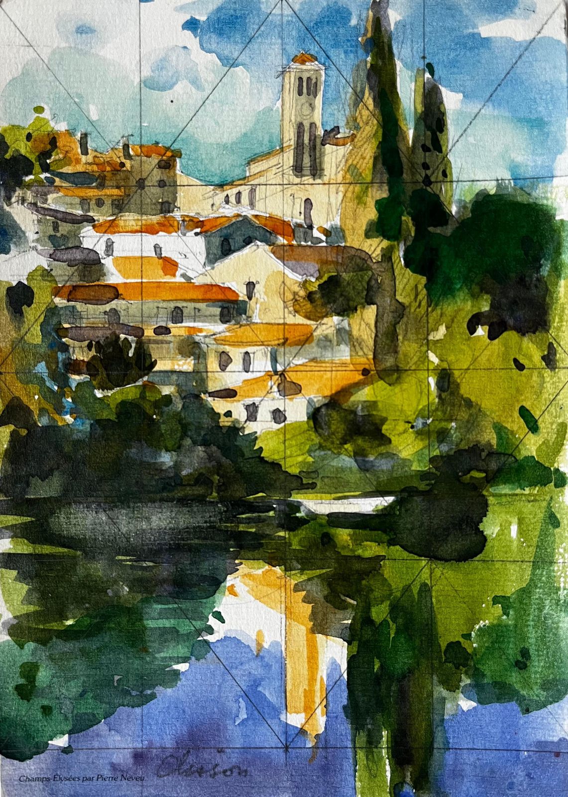 Pierre Neveuclisson Hilltop Village With Church And River Reflection French Watercolour