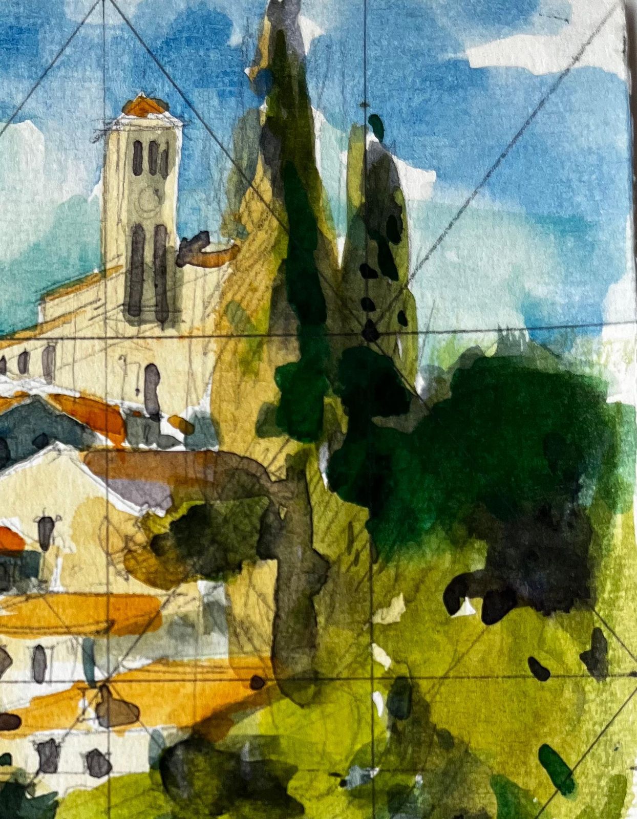 Pierre Neveuclisson Hilltop Village With Church And River Reflection French Watercolour photo for sale