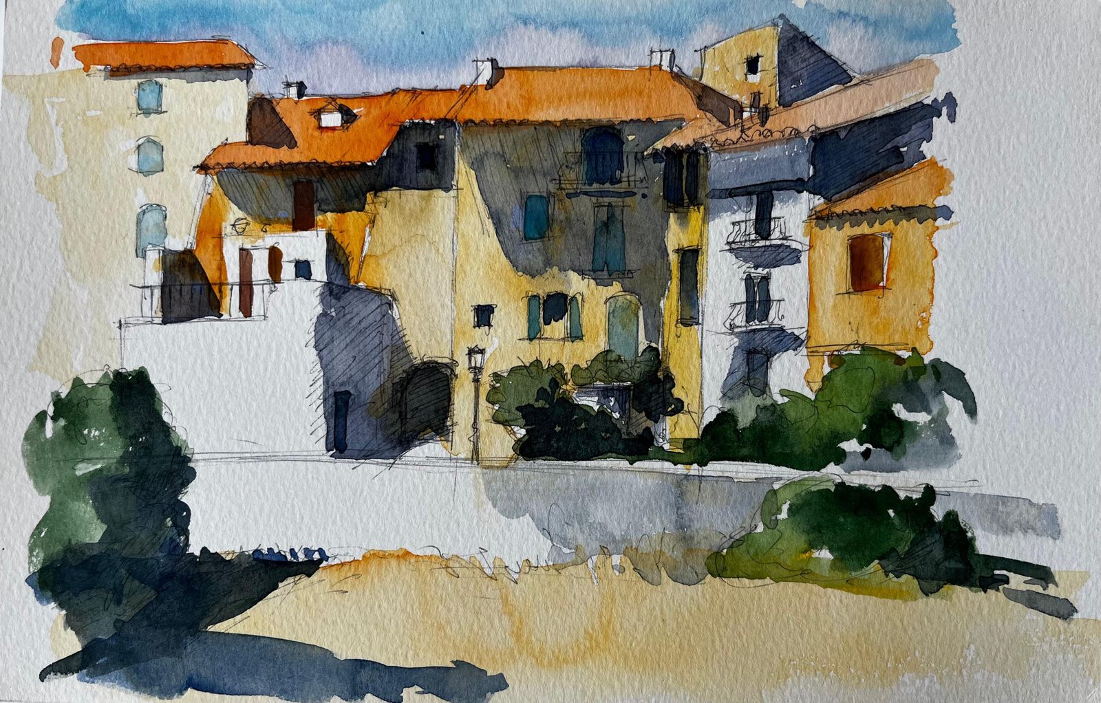 Pierre Neveusunlit Provence Village With Terracotta Roofs French Watercolour