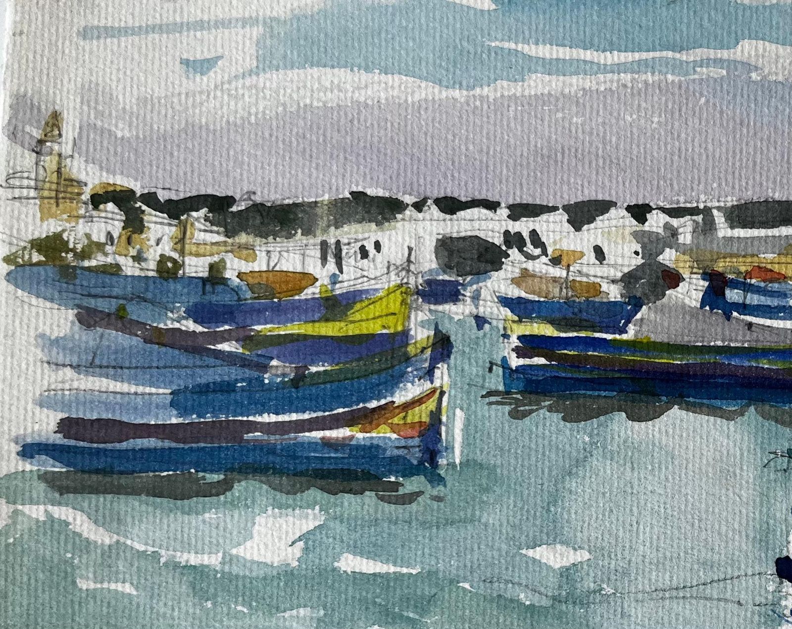 Pierre Neveumediterranean Fishing Boats Harbour Scene Coastal Watercolour By Pierre Neveu photo 591.0
