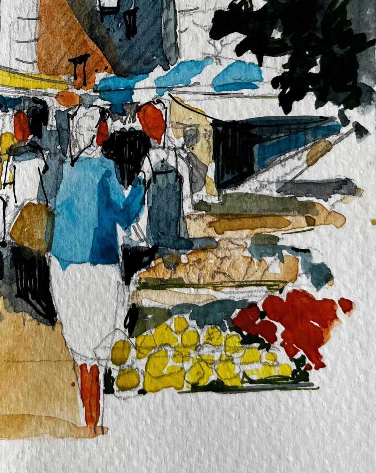 Pierre Neveumediterranean Market Scene With Clock Tower And Shaded Stalls In Southern France photo for sale