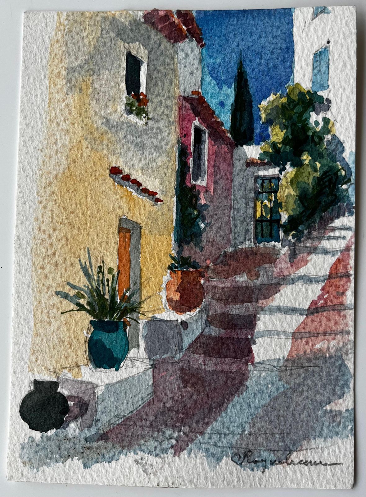 Pierre Neveusunlit Street With Terracotta Pots And Steps In Roquemaure French Village photo furniture