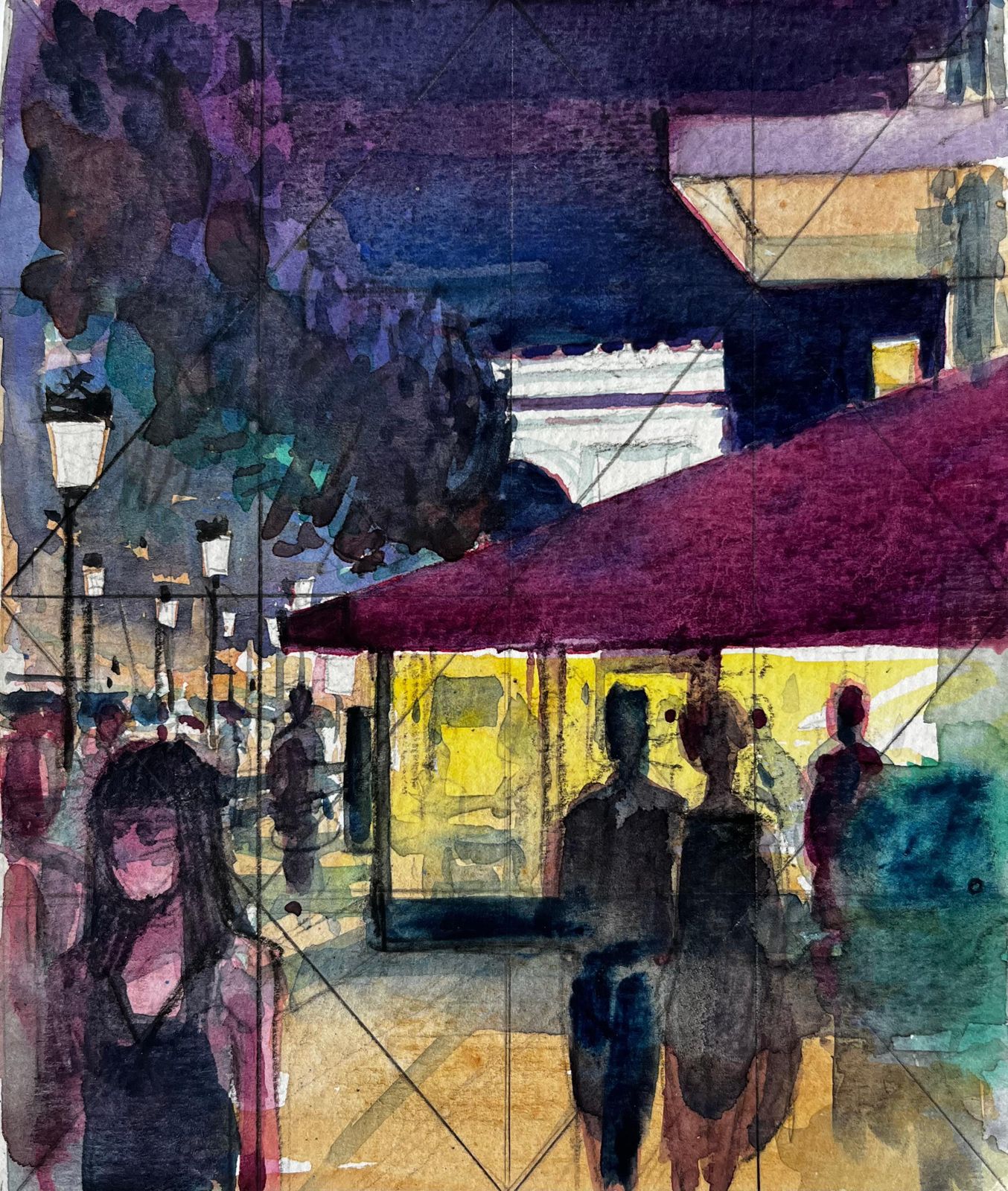 Pierre Neveuevening Street Scene With Figures And Neon Awning Mediterranean Nocturne Study