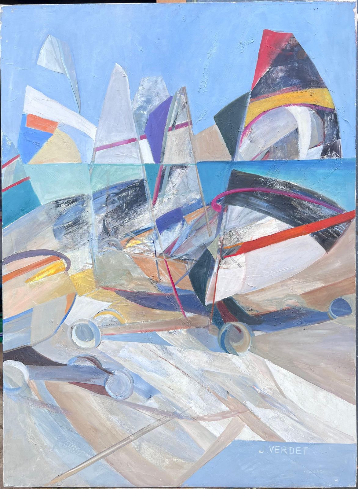 Jacqueline Verdet (1931 2023)huge French Contemporary Modernist Abstract Oil Painting Sailing Yachts At Sea photo furniture