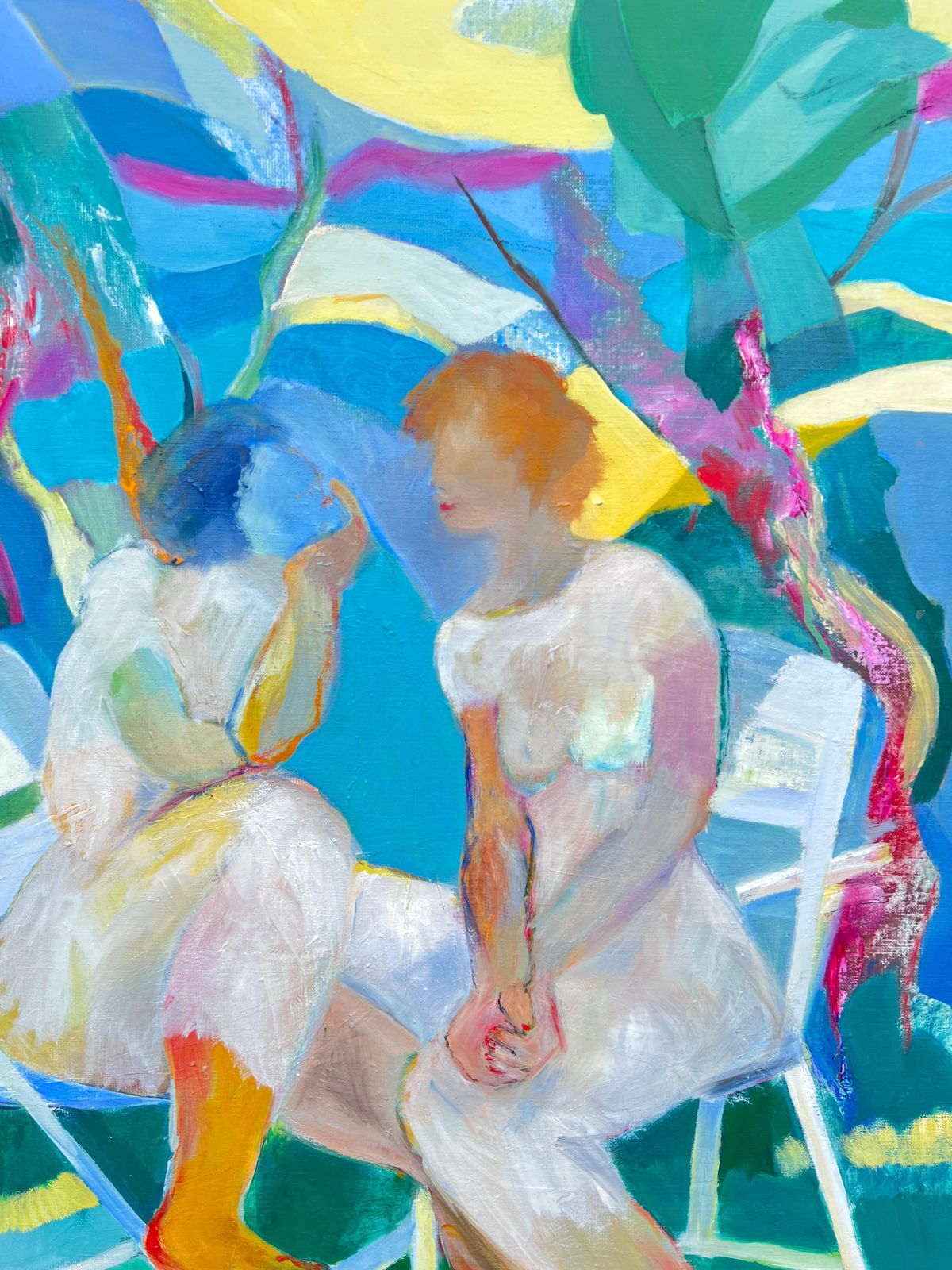 Jacqueline Verdet (1931 2023)huge French Contemporary Modernist Abstract Oil Painting Ladies Chatting Garden photo for sale