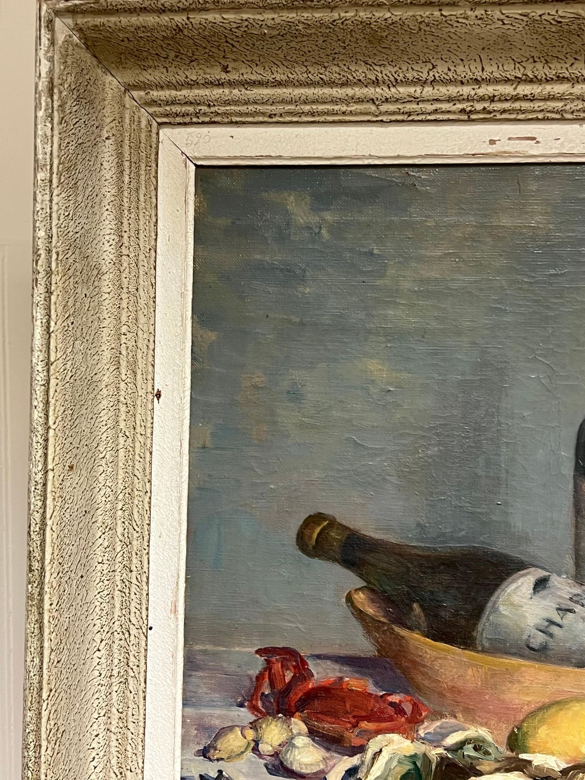 photo for sale French School1930's French Signed Oil Still Life Fish Supper & Bottle Of Wine Table Top
