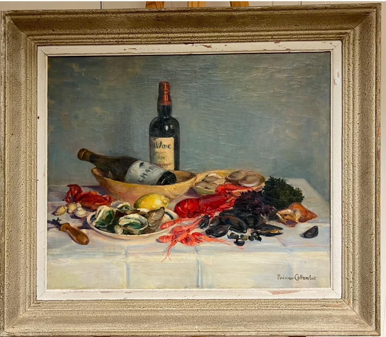 Art French School1930's French Signed Oil Still Life Fish Supper & Bottle Of Wine Table Top photo