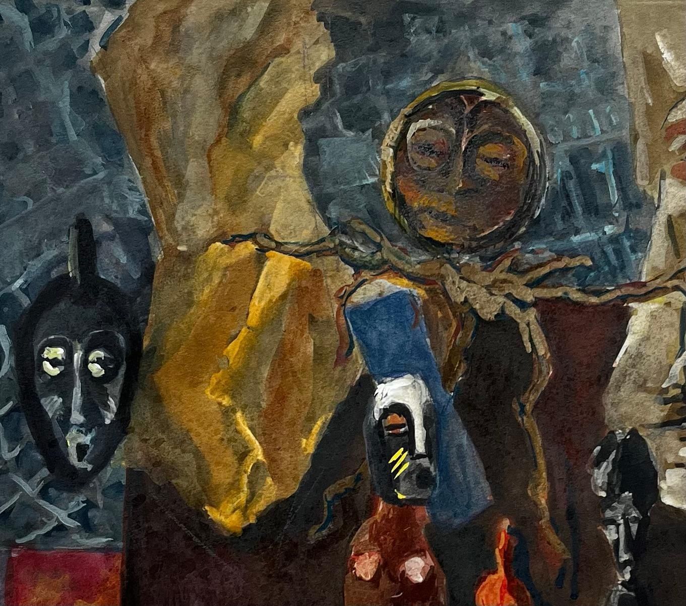 Guy Nicodfrench Modernist Still Life With African Masks And Sculptural Forms photo for sale