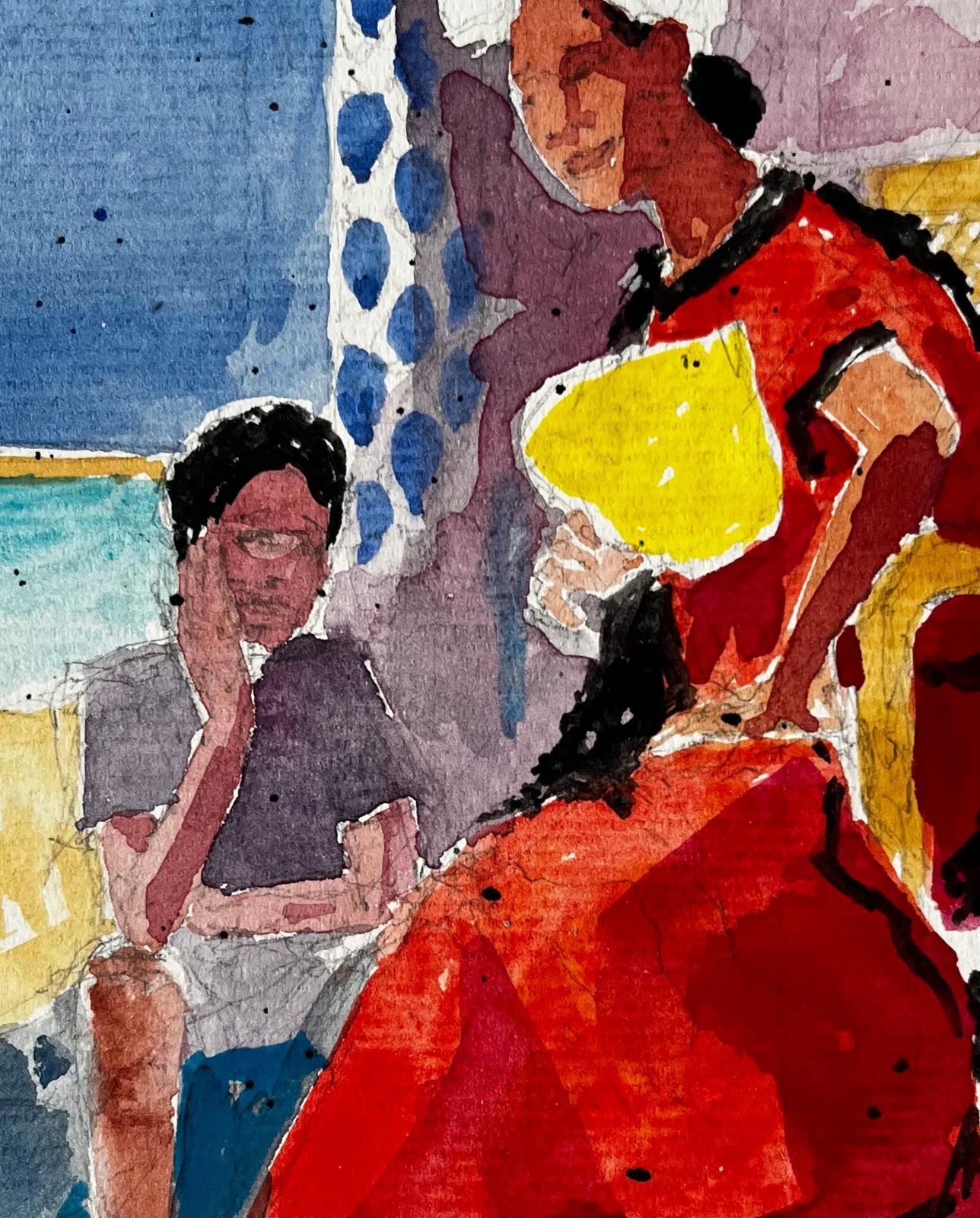 Pierre Neveuinterior Scene With Seated Figures Watercolour French Post Impressionist photo buy