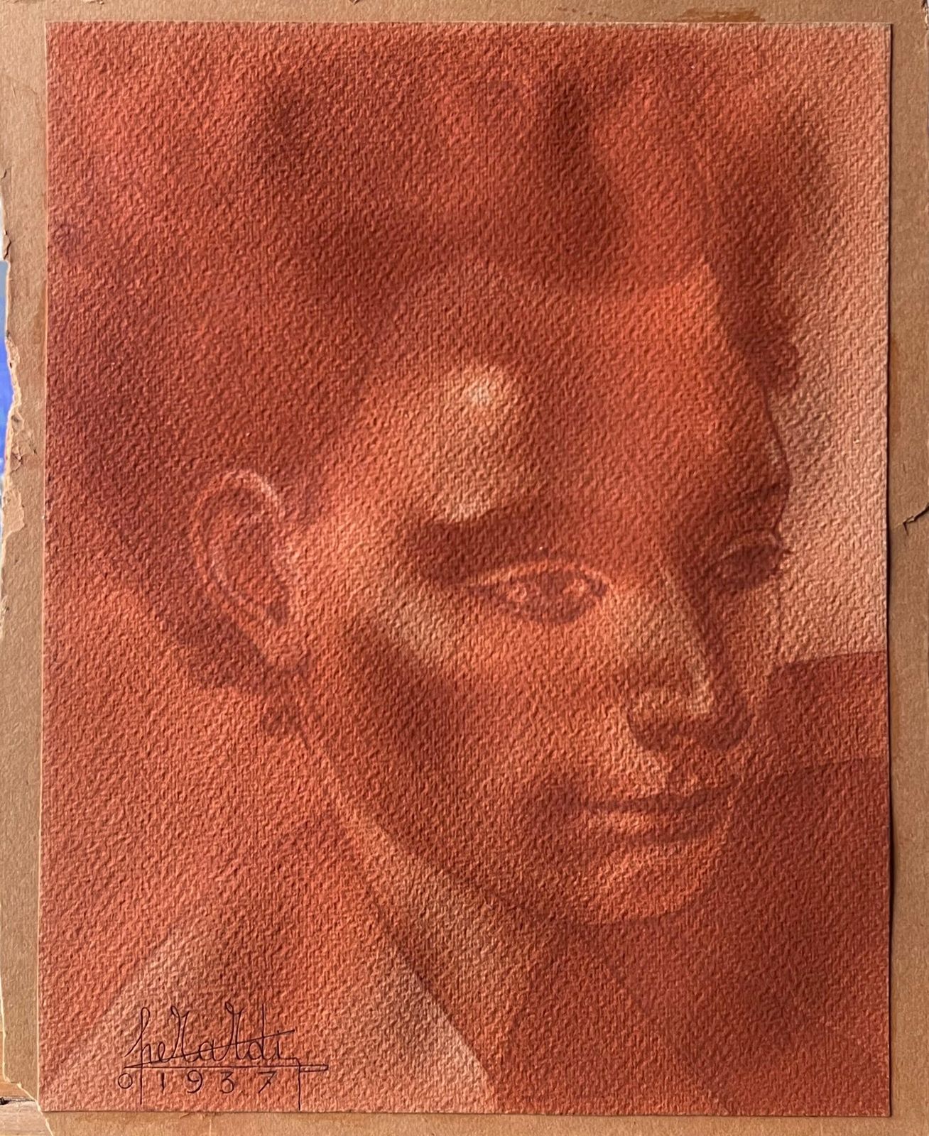 Mid Century French1950's French Signed Sanguine Chalk Head Shoulders Portrait Of Man photo furniture