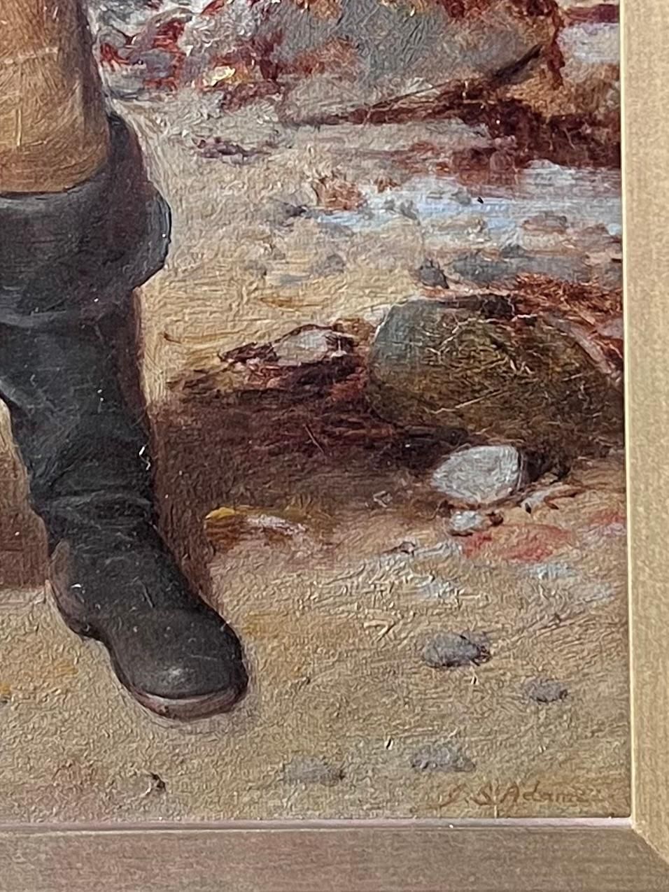 James Seymour Adamsfine 1880's British Signed Oil Painting Old Fisherman Sailor Standing On Beach photo Art