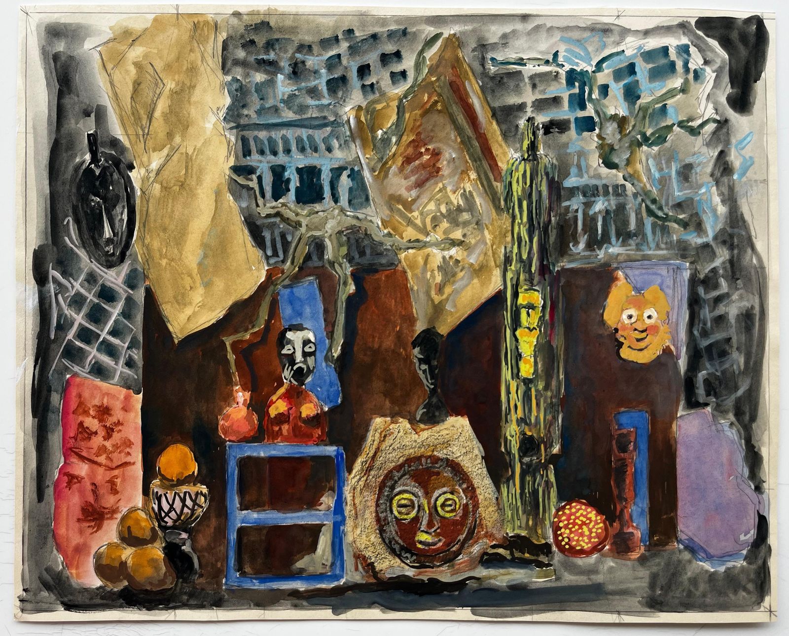 Guy Nicodfrench Modernist Still Life With Masks Figures And Draped Fabrics photo furniture