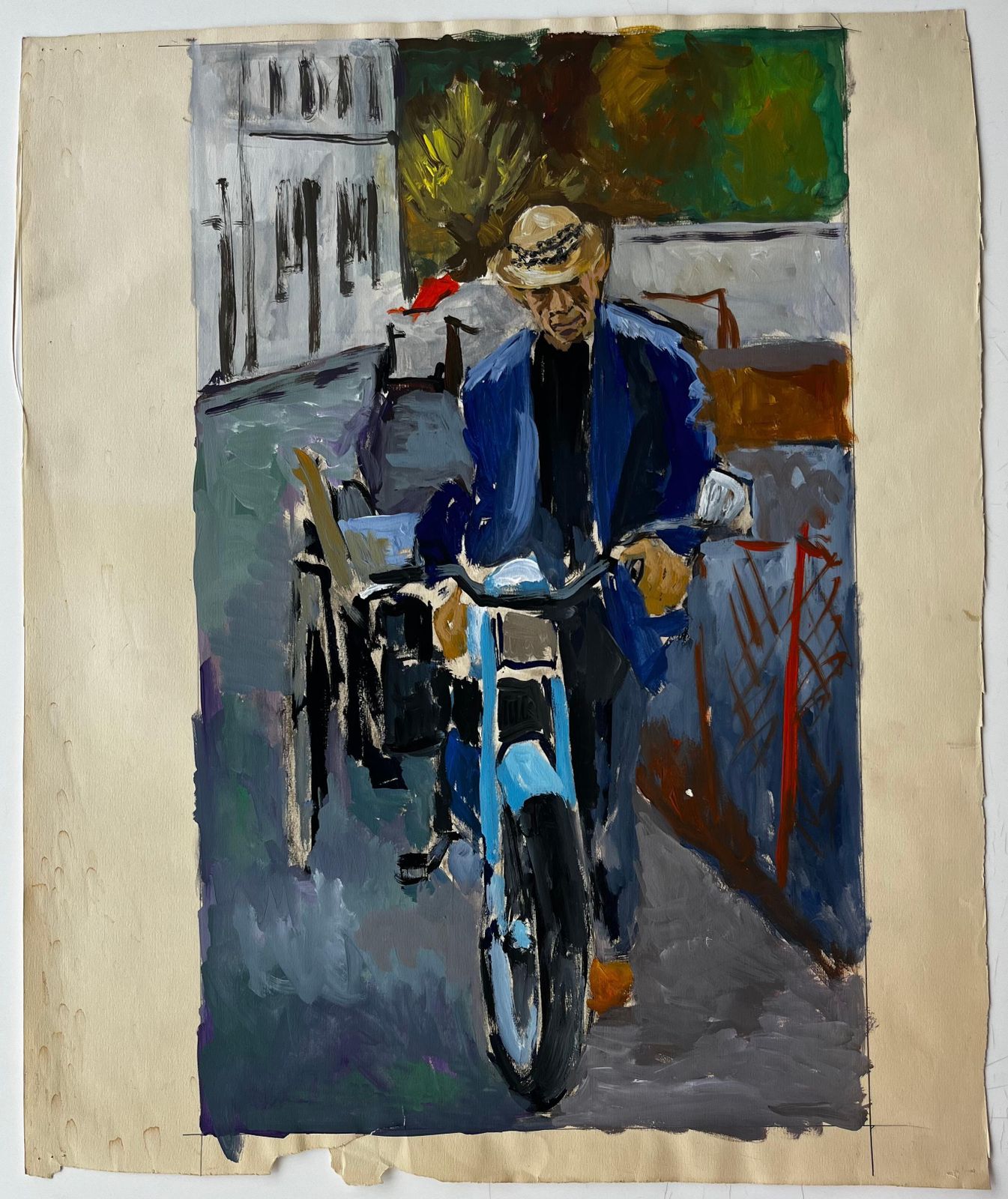 Guy Nicodfrench Modernist Portrait Of A Man With Blue Motorcycle Street Scene photo furniture