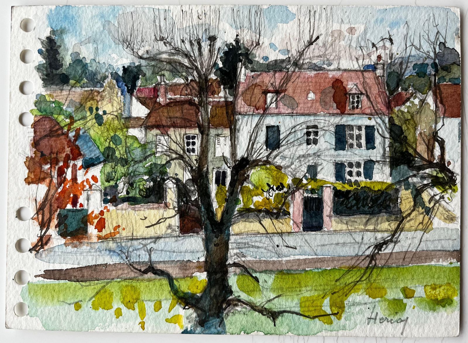 Pierre Neveuhenley Village Houses With Tree Watercolour French Post Impressionist photo furniture