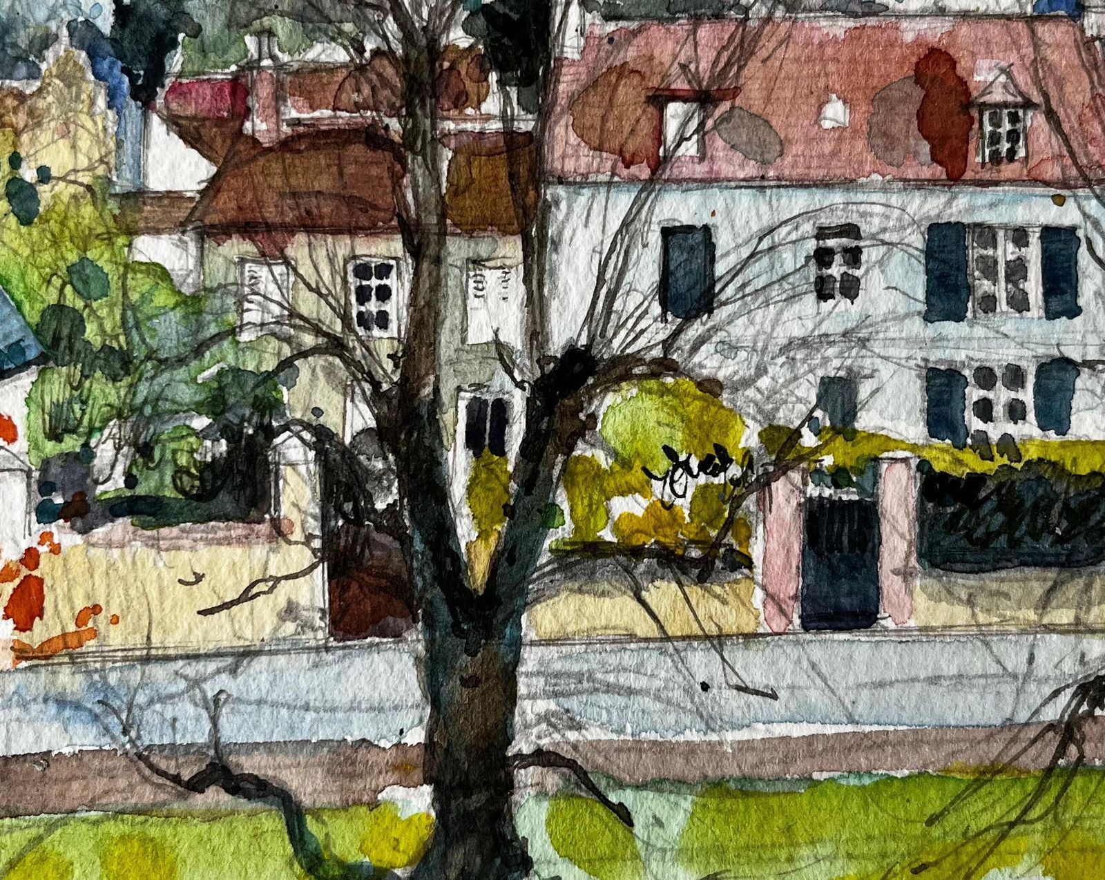 Pierre Neveuhenley Village Houses With Tree Watercolour French Post Impressionist photo buy