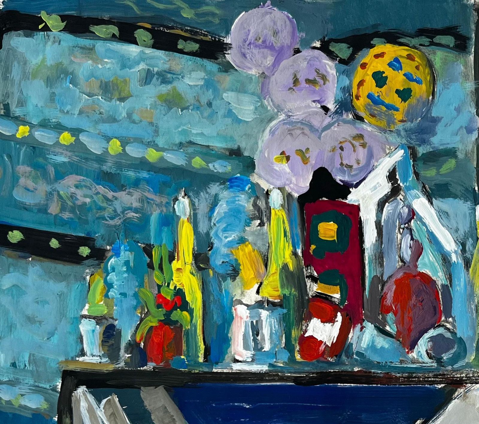 Guy Nicodmodernist Still Life With Books Bottles And Blue Interior French Gouache photo vinterior