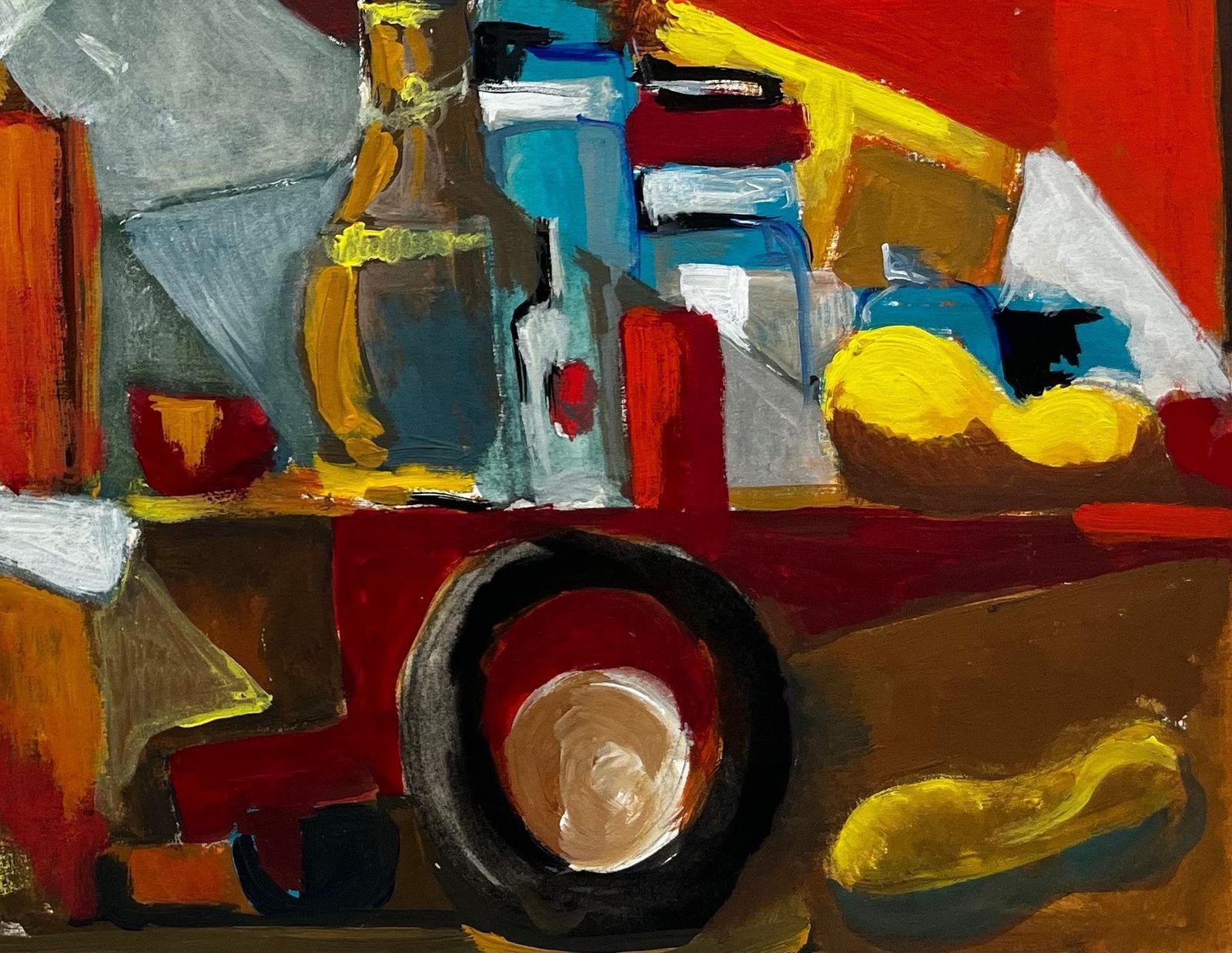 Guy Nicodfrench Modernist Abstract Still Life With Bottles Fruit And Yellow Shapes photo Art