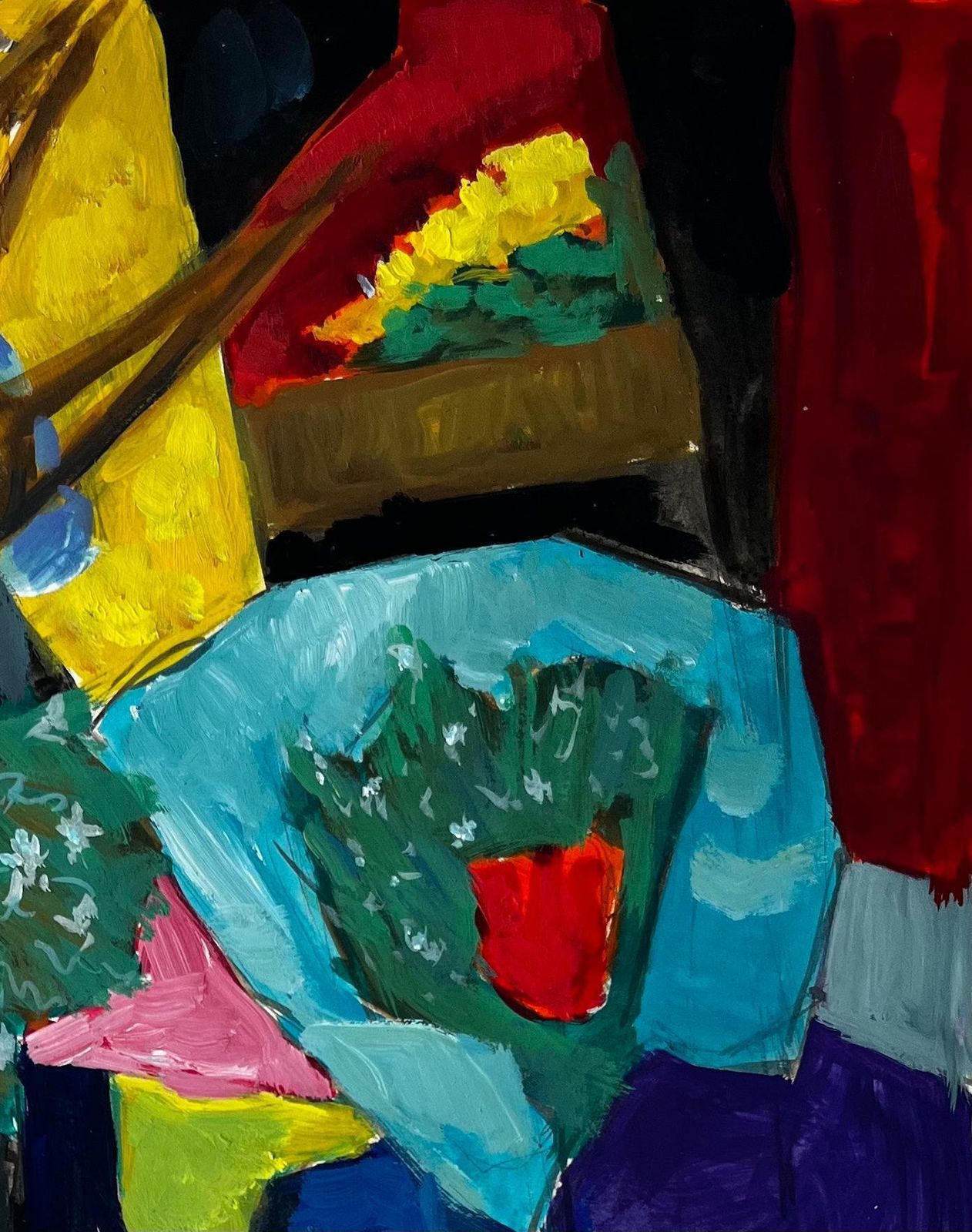 Guy Nicod Abstract Still Life With Yellow Vase Red Curtain And Blue Flowers French Gouache photo Art
