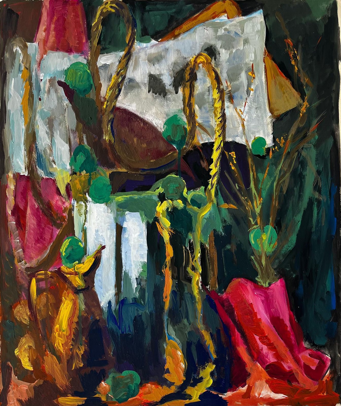 Guy Nicodabstract Still Life With Green Spheres Yellow Rope And Pink Cloth French Gouache