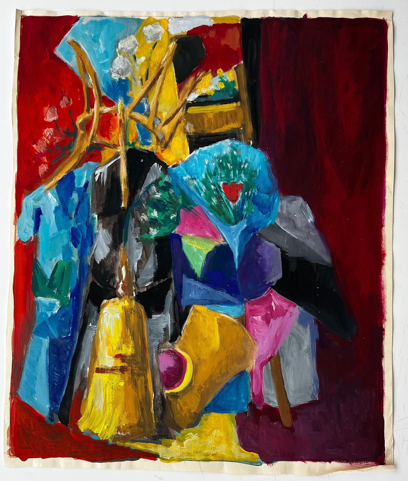 Guy Nicodabstract Cubist Still Life With Flowers Vase And Red Curtain French Gouache photo furniture