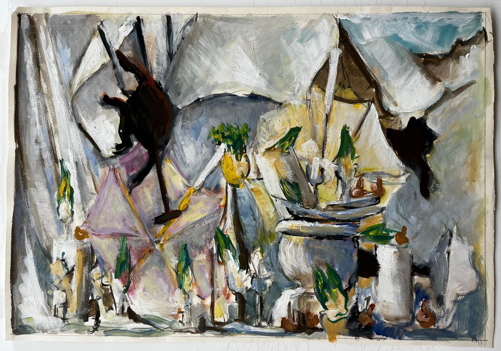 Guy Nicodstill Life With White Drapery Jugs And Green Accents French Modernist Gouache photo furniture