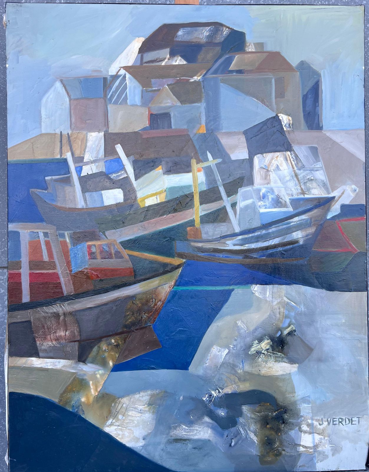 Jacqueline Verdet (1931 2023)huge French Contemporary Modernist Abstract Oil Painting Boats In Harbor photo furniture