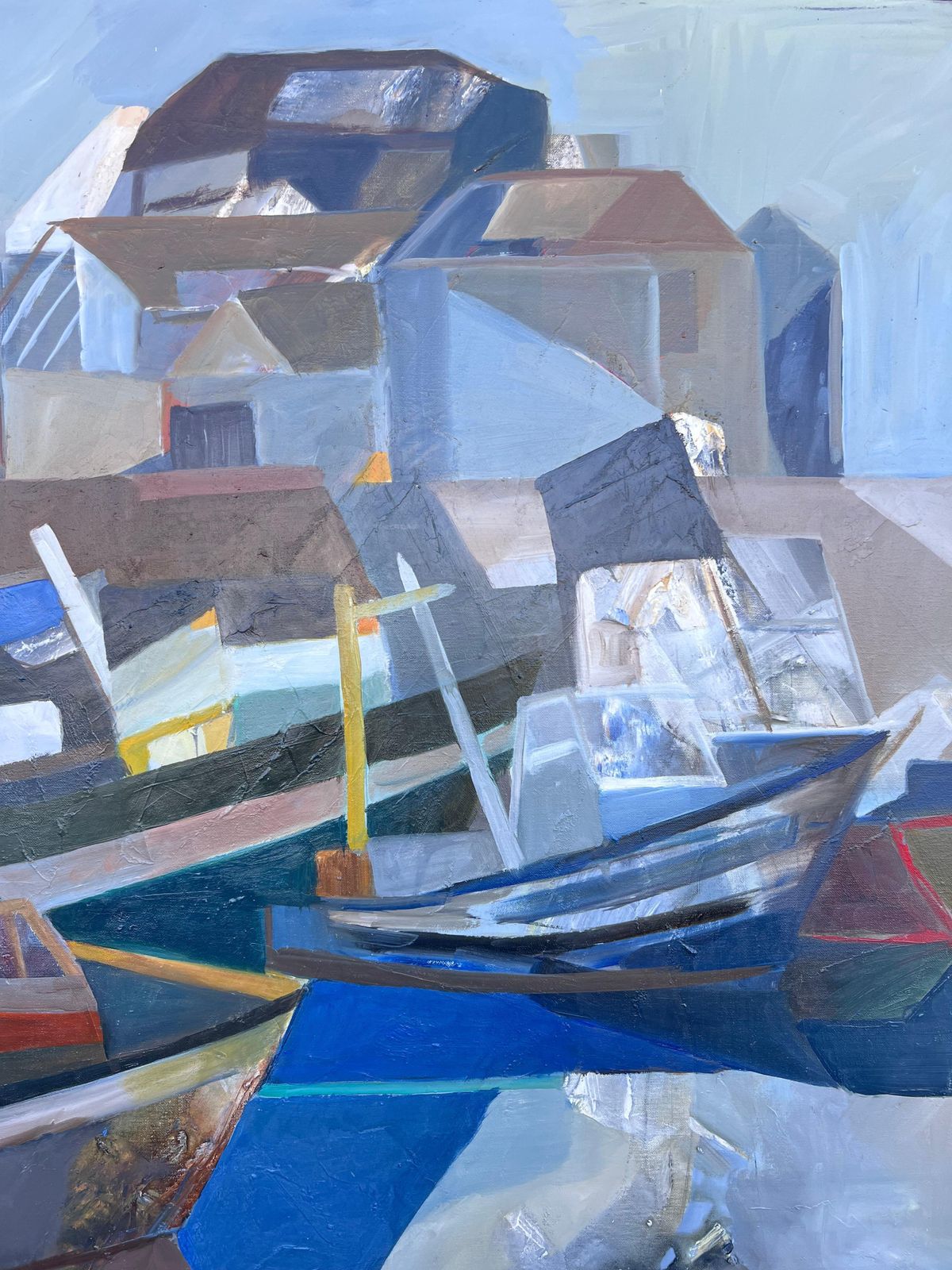 Jacqueline Verdet (1931 2023)huge French Contemporary Modernist Abstract Oil Painting Boats In Harbor photo for sale