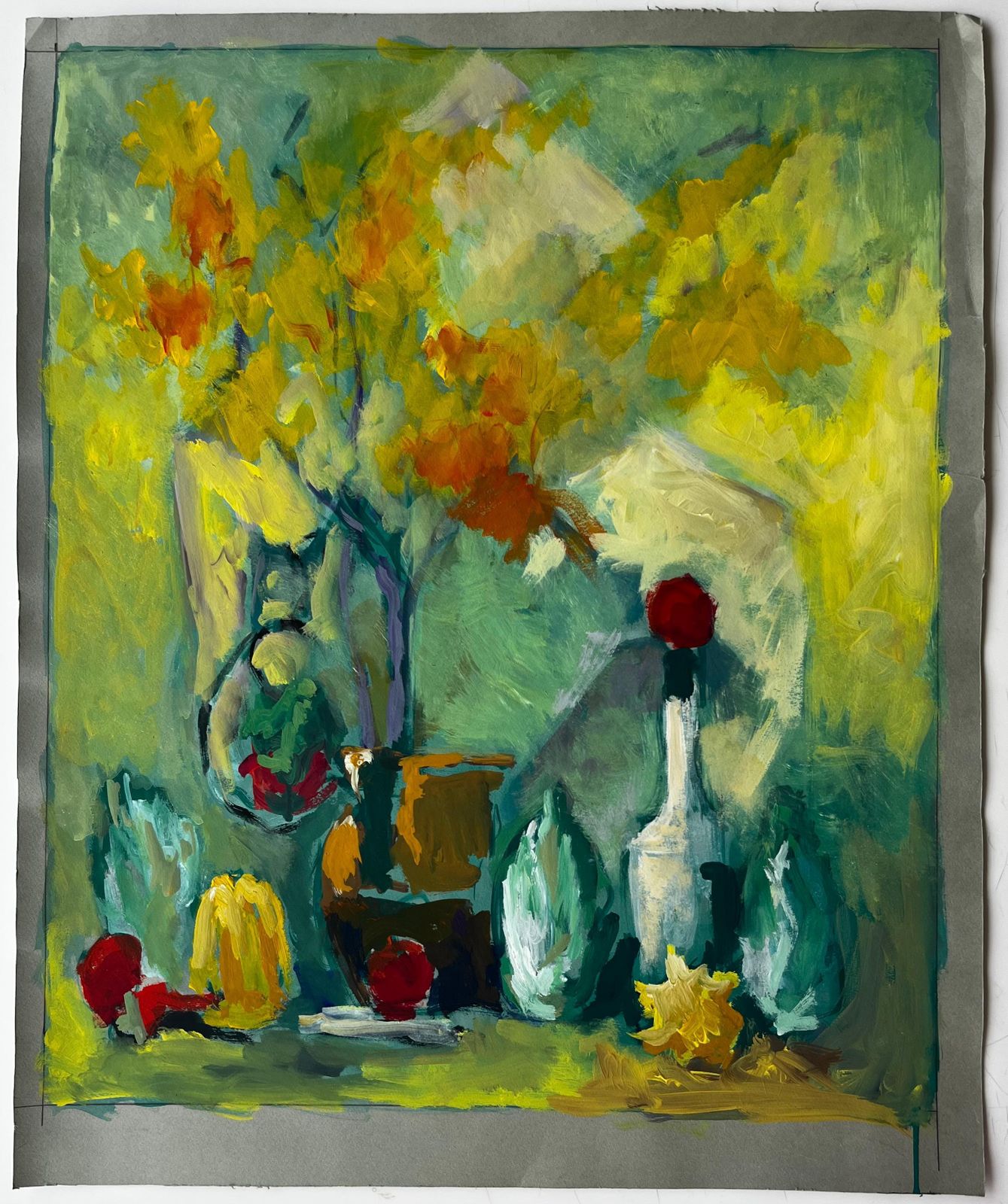 Guy Nicodstill Life With Yellow Flowers Bottle And Autumn Leaves French Modernist Gouache photo furniture