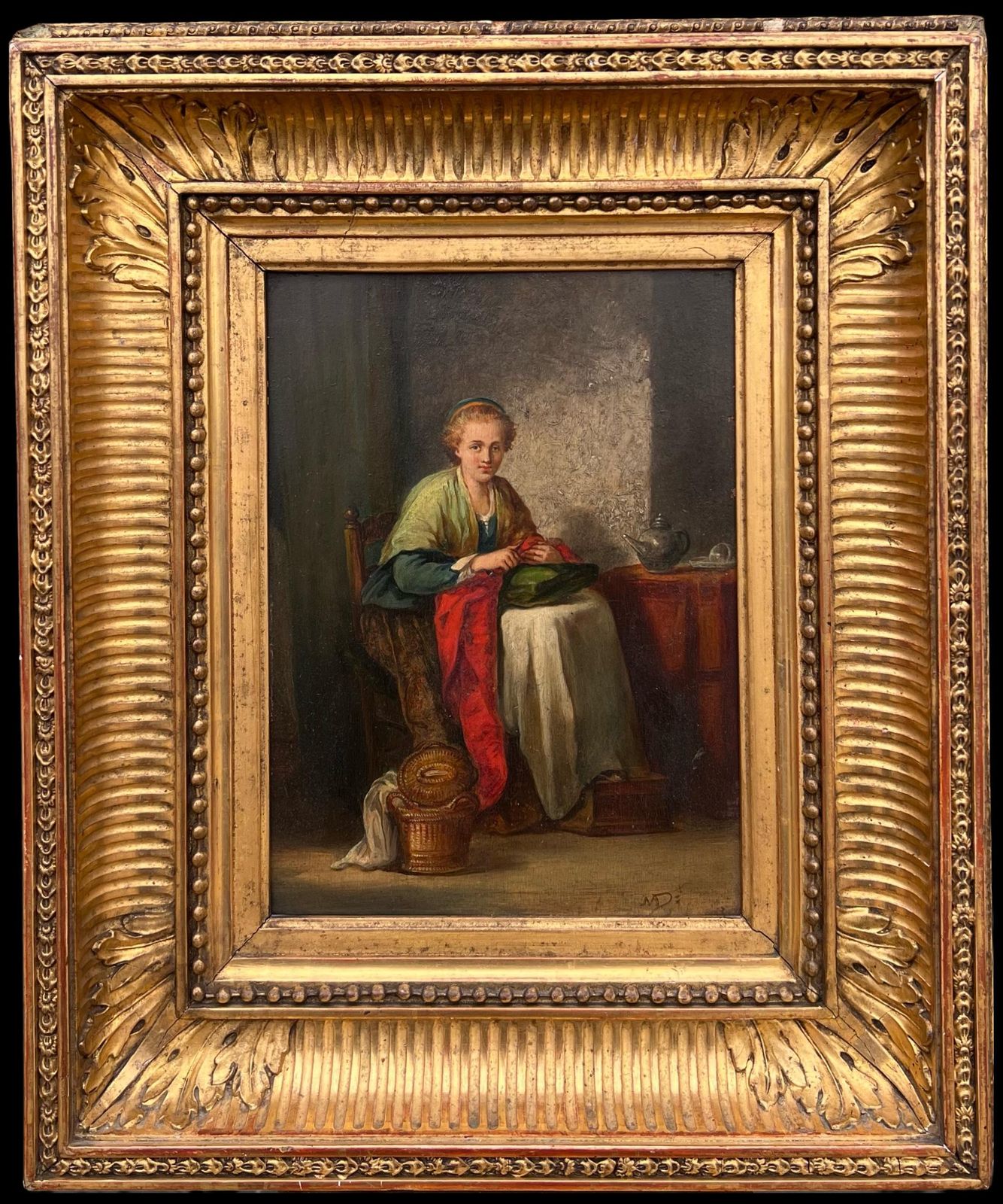 French 19th Century Oil Fine French Antique Oil Painting Panel Lady Seated In Cottage Interior Knitting