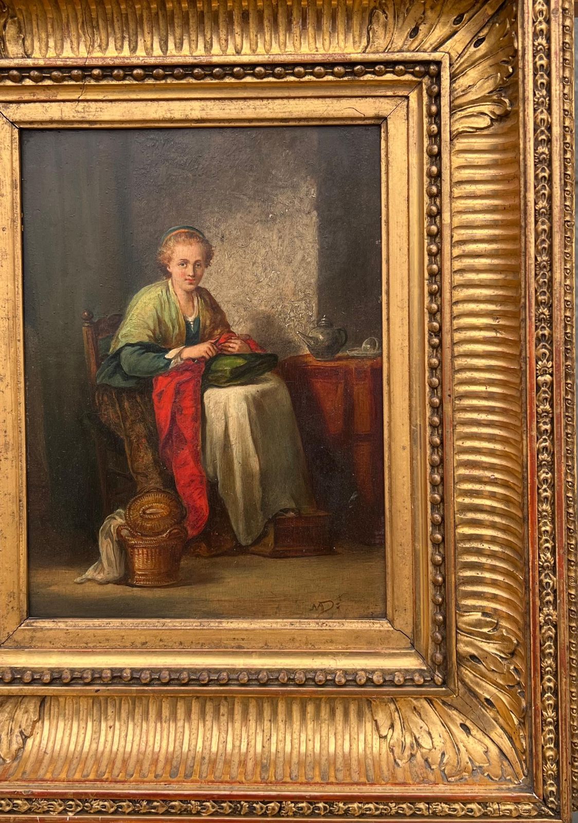 French 19th Century Oil Fine French Antique Oil Painting Panel Lady Seated In Cottage Interior Knitting photo Art
