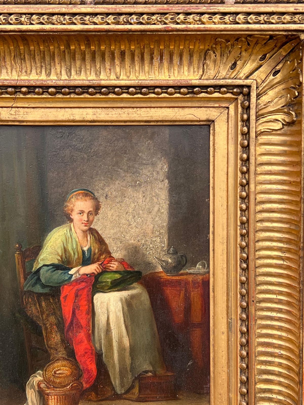 French 19th Century Oil Fine French Antique Oil Painting Panel Lady Seated In Cottage Interior Knitting photo buy