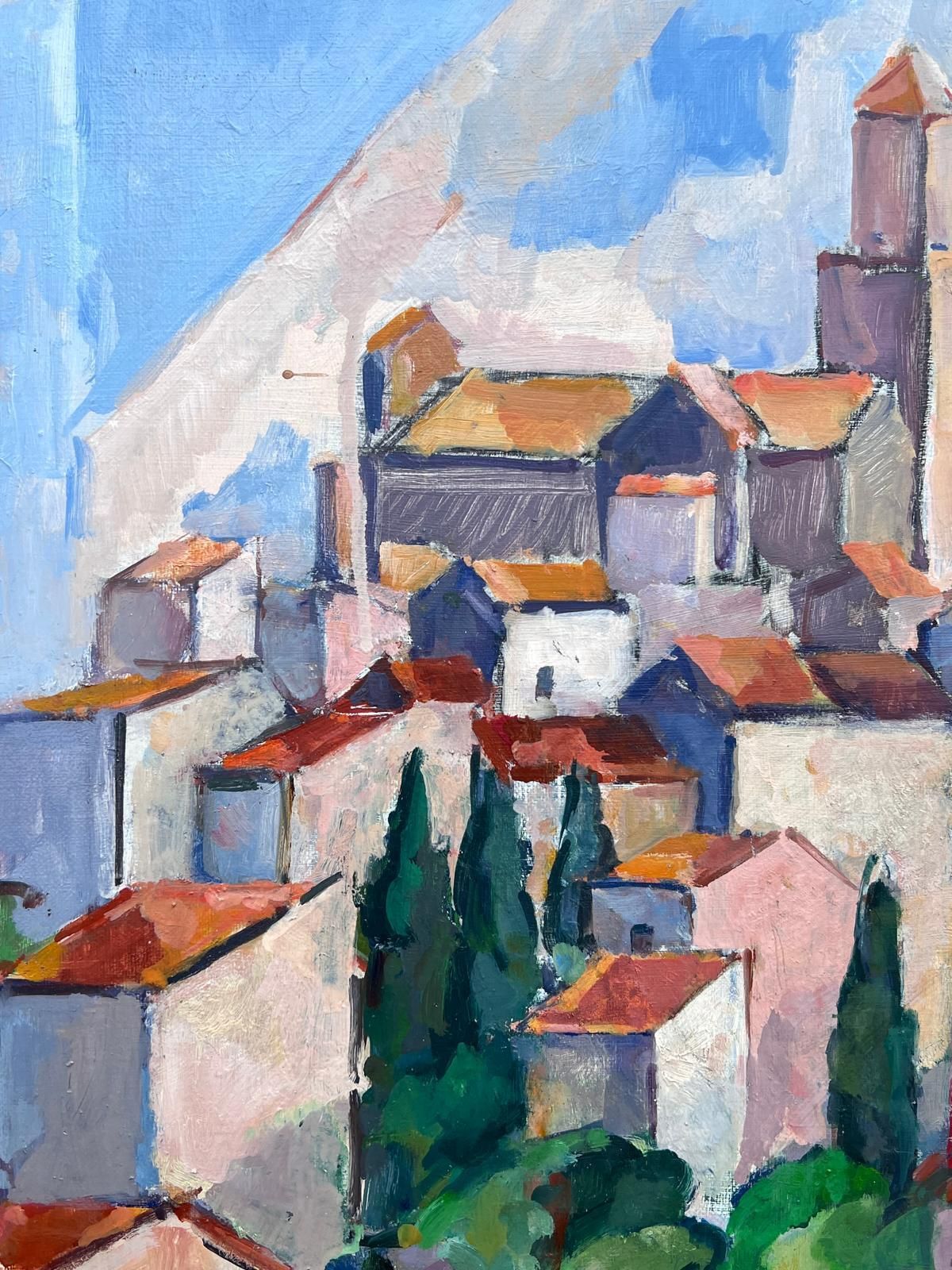 photo furniture Mid Century Frenchprovencal Hill Top Perched Village Cubist Signed 1950's French Oil Painting
