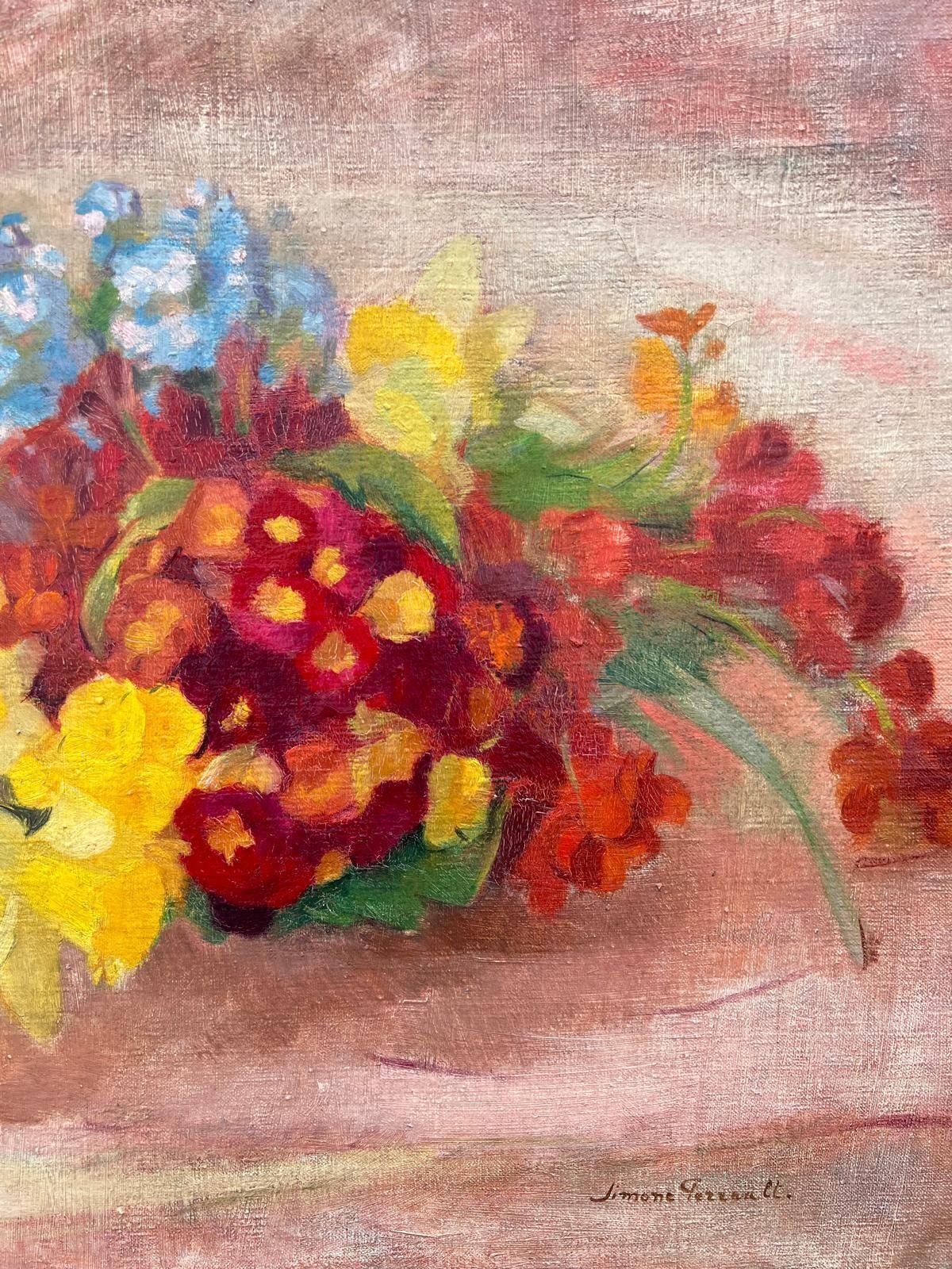 Simone Perraultbeautiful Vintage French Oil Painting Still Life Flowers On Table Top, Large Oil photo buy