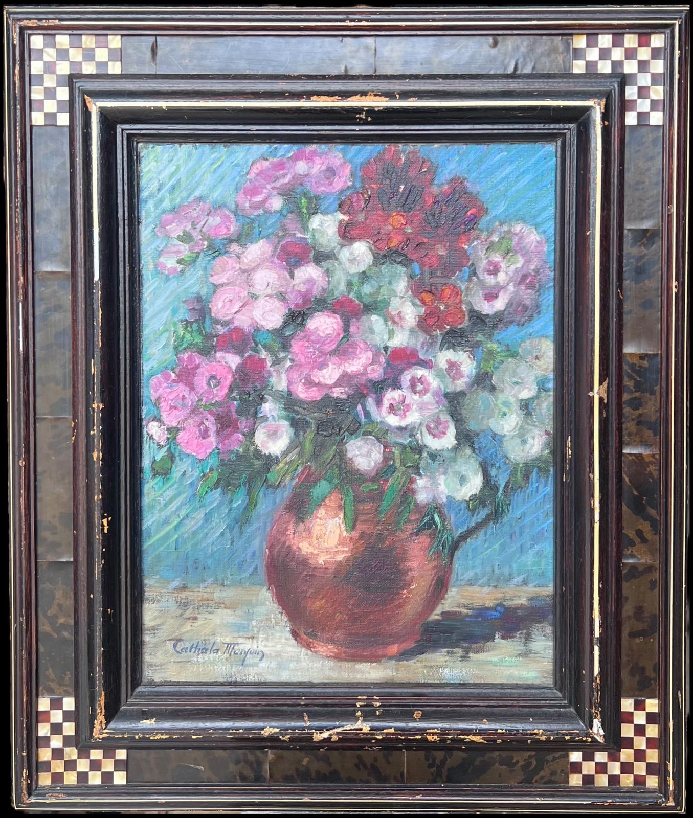 Nelly Cathala Mongoin (1916)fine Mid 20th Century French Still Life Oil Painting Flowers In Copper Pitcher