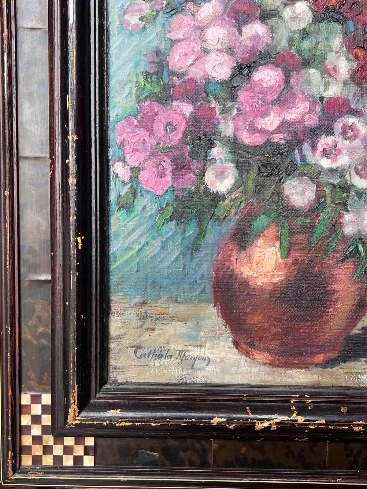 Nelly Cathala Mongoin (1916)fine Mid 20th Century French Still Life Oil Painting Flowers In Copper Pitcher photo vinterior