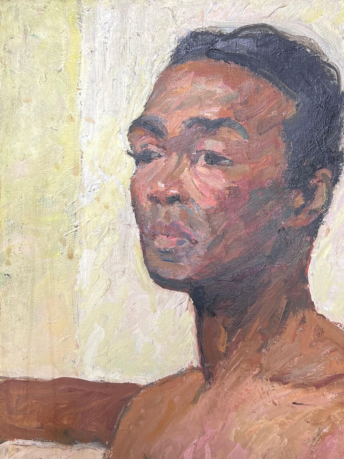 Suzanne Dinkesmid Century French Oil Painting Half Length Male Nude Portrait Seated Man1950's photo furniture