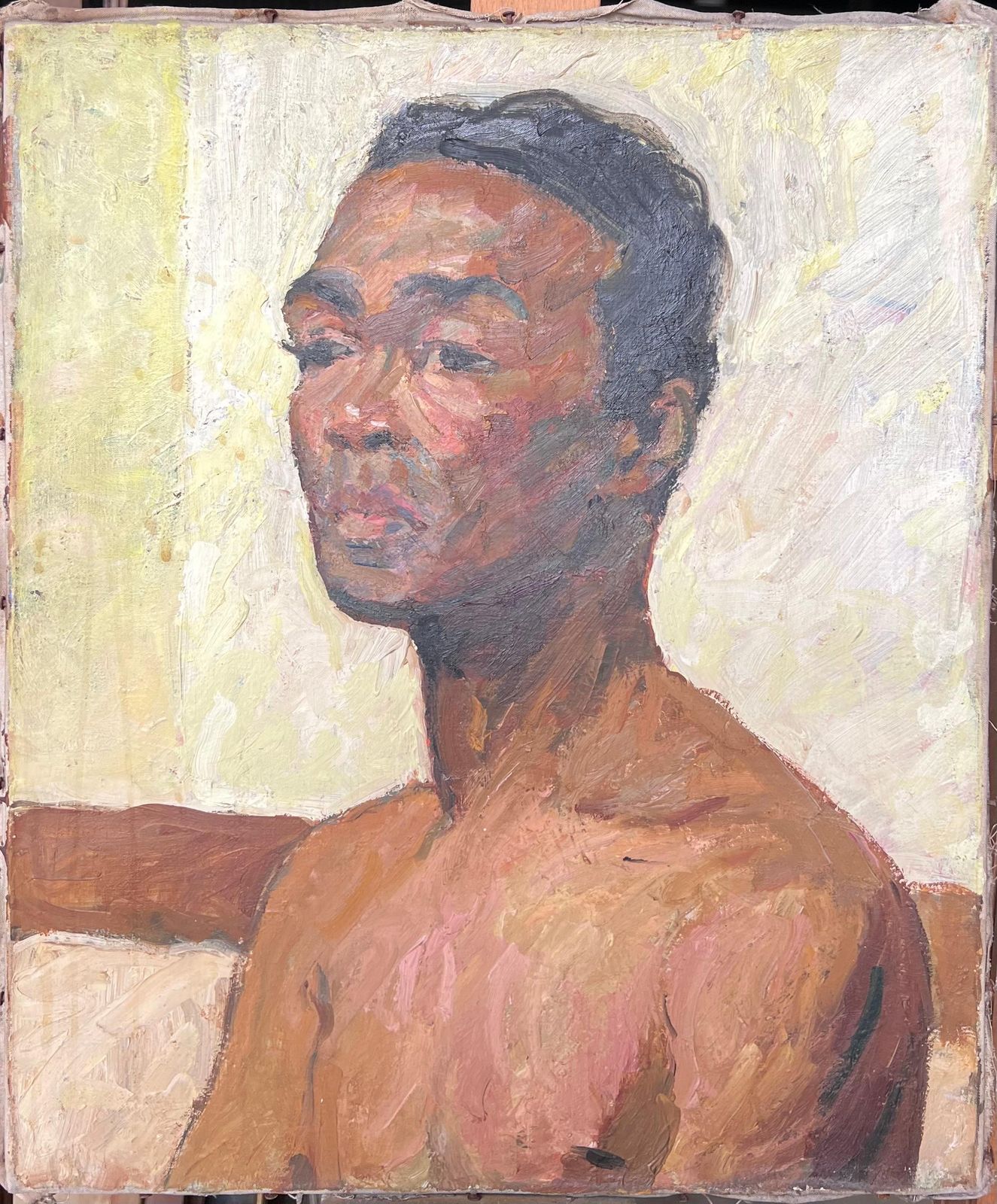 Suzanne Dinkesmid Century French Oil Painting Half Length Male Nude Portrait Seated Man1950's photo for sale