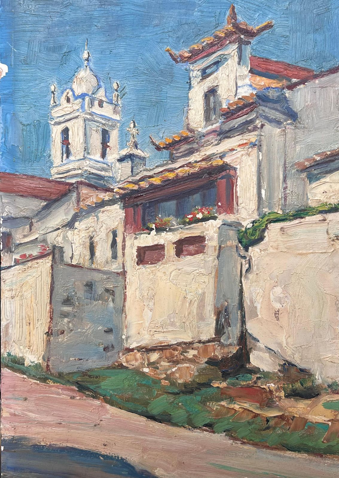 L. Descatoire (19th 20th Century) San Martino Portugal 1930's French Oil Painting White Washed Village Houses photo for sale