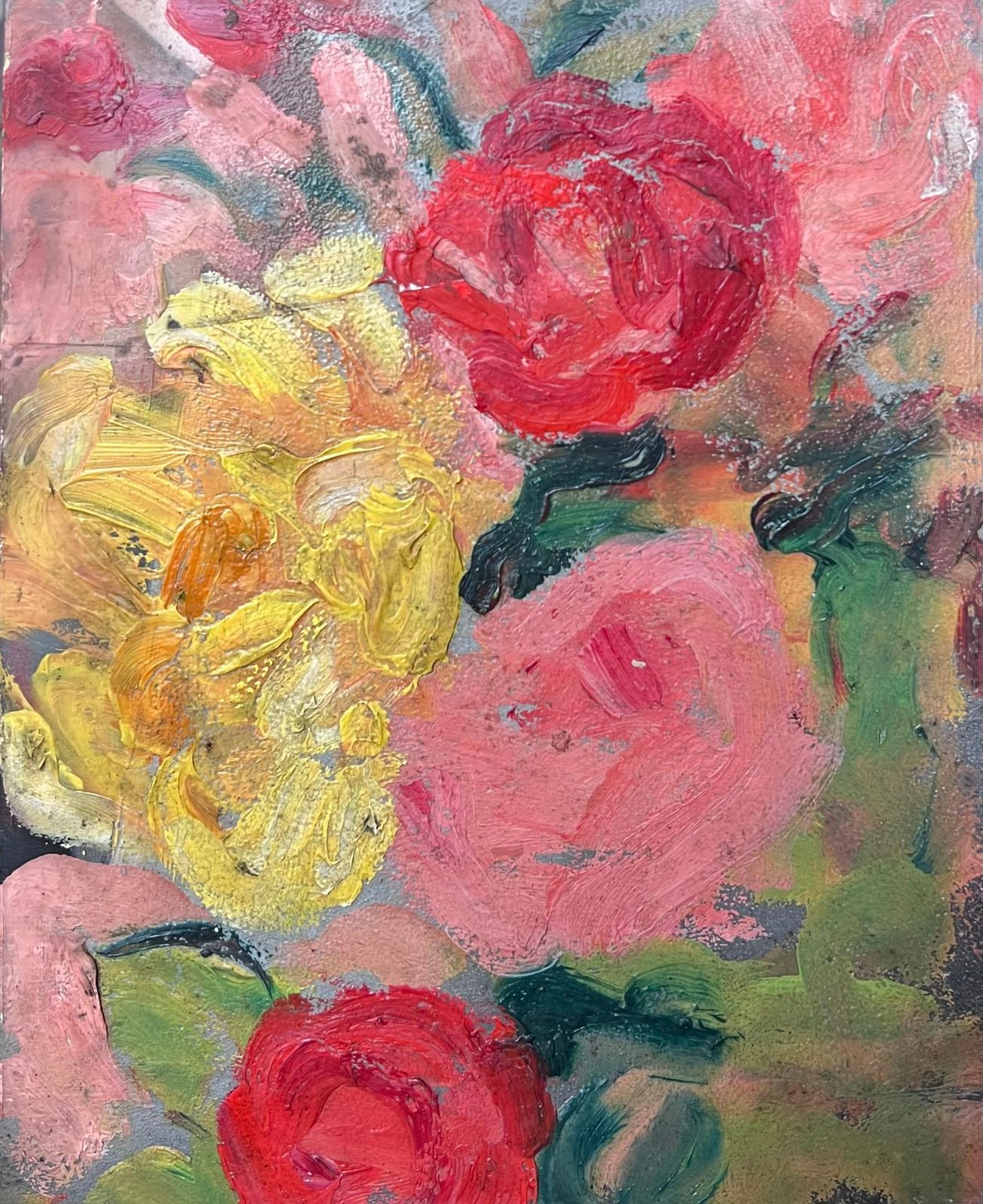 Suzanne Dinkesfrench Mid Century Painting Red , Yellow And Pink Rose Still Life1950's