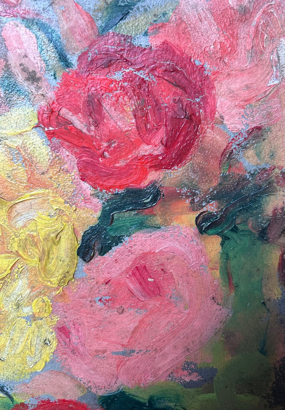 Suzanne Dinkesfrench Mid Century Painting Red , Yellow And Pink Rose Still Life1950's photo Art