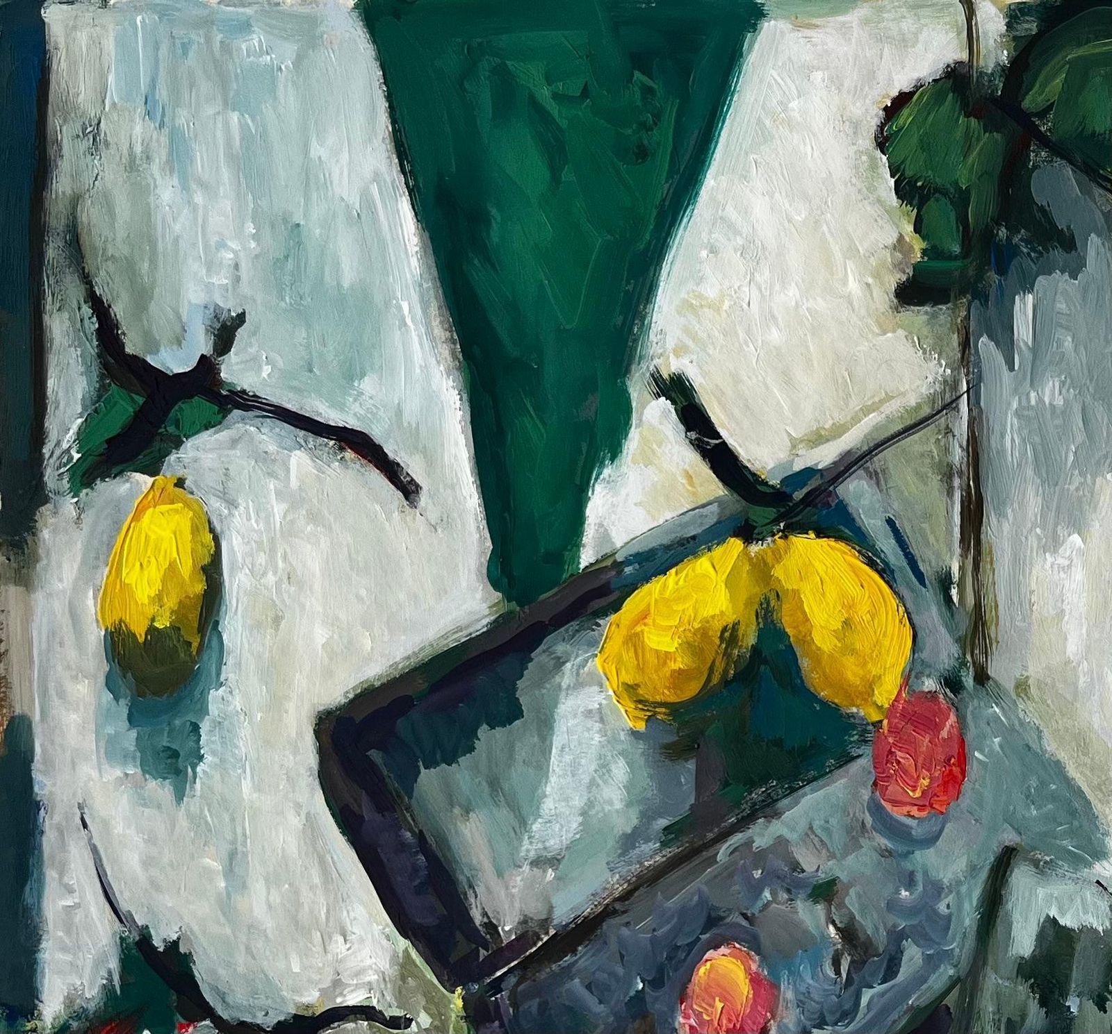Guy Nicod Still Life With Lemons Fruit Boxes And Green Leaves French Modernist Gouache photo for sale