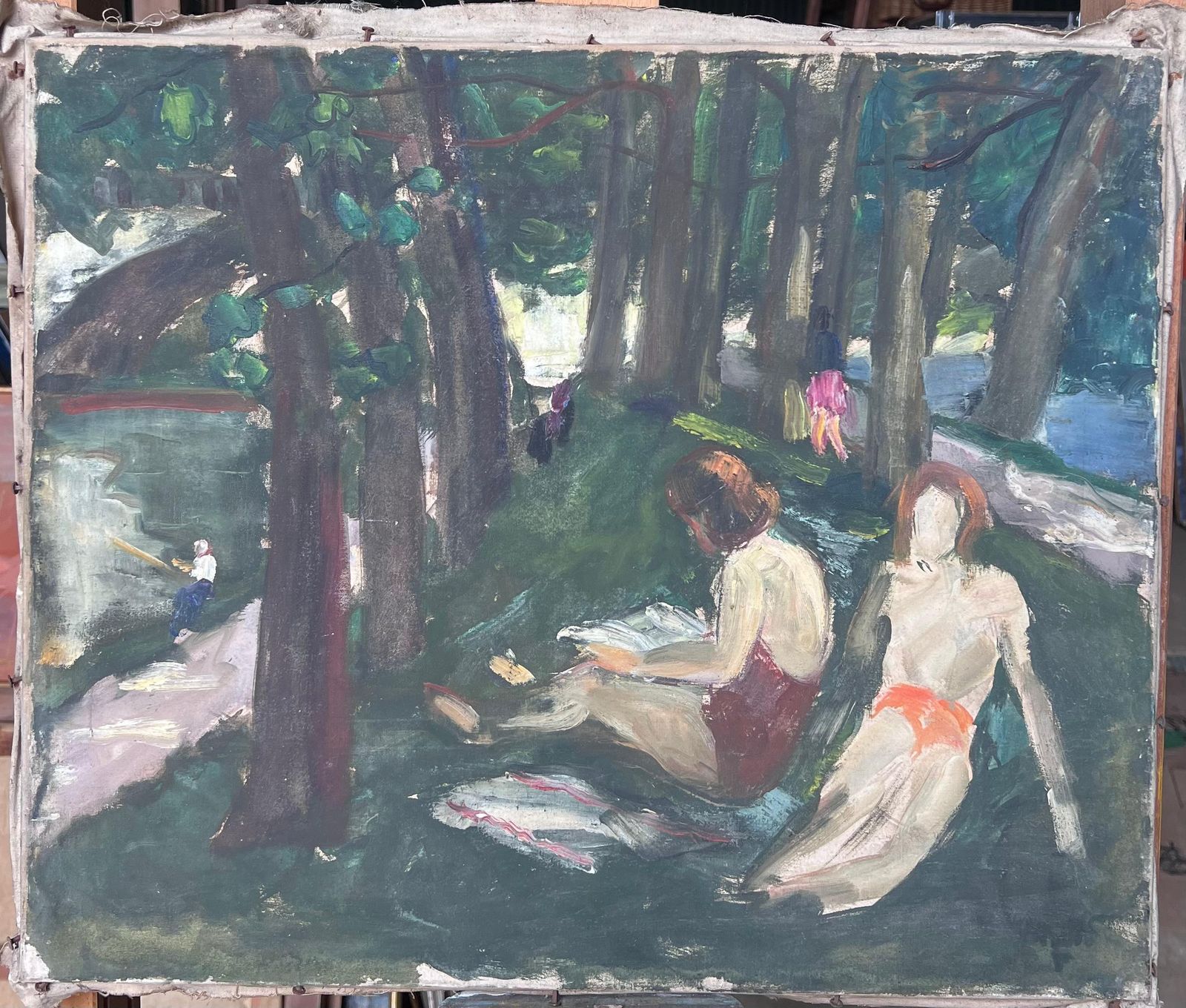 Suzanne Dinkesfigures Sunbathing By The Woodland River Bay French Mid Century Painting1950's photo furniture