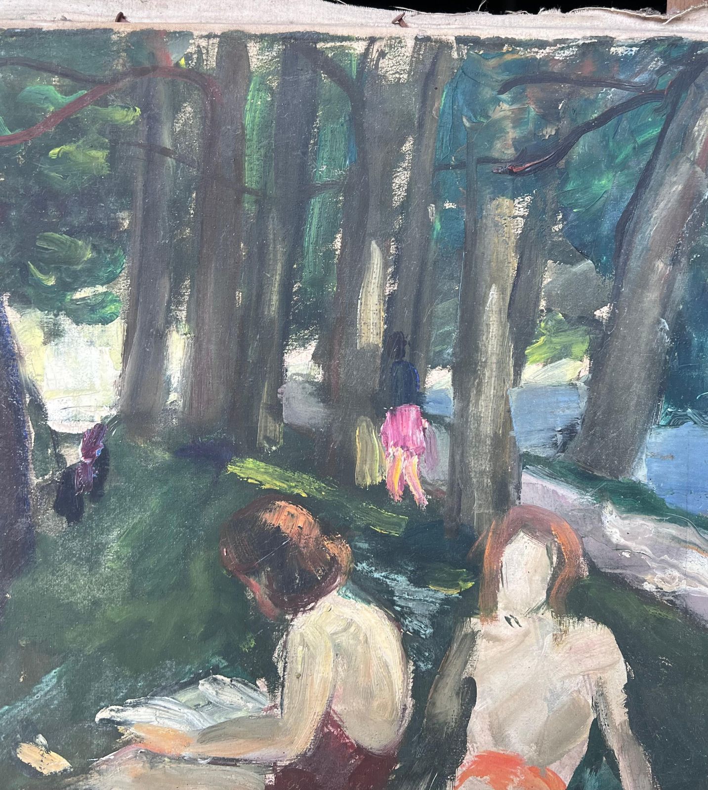Suzanne Dinkesfigures Sunbathing By The Woodland River Bay French Mid Century Painting1950's photo buy