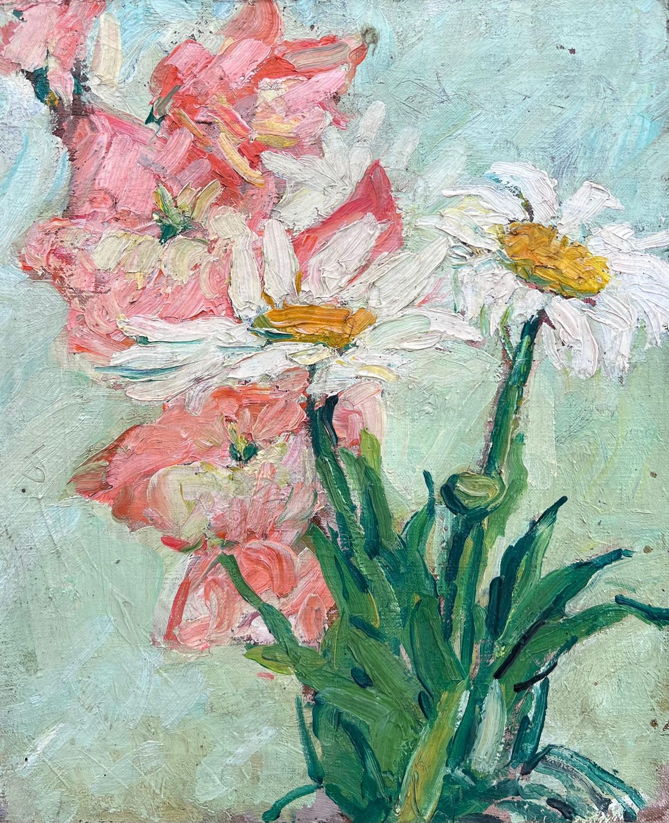 Suzanne Dinkesdaisies & Pink Flowers In Green Room Interior French Mid Century Painting1950's